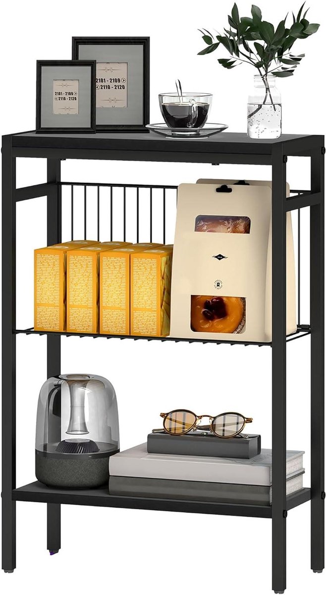 Bijzettafel met 2 Ablagen - Nachttisch Sofatisch - Opbergen en Decoreren - Industrieel Design - 43x18x625 cm - Zwart