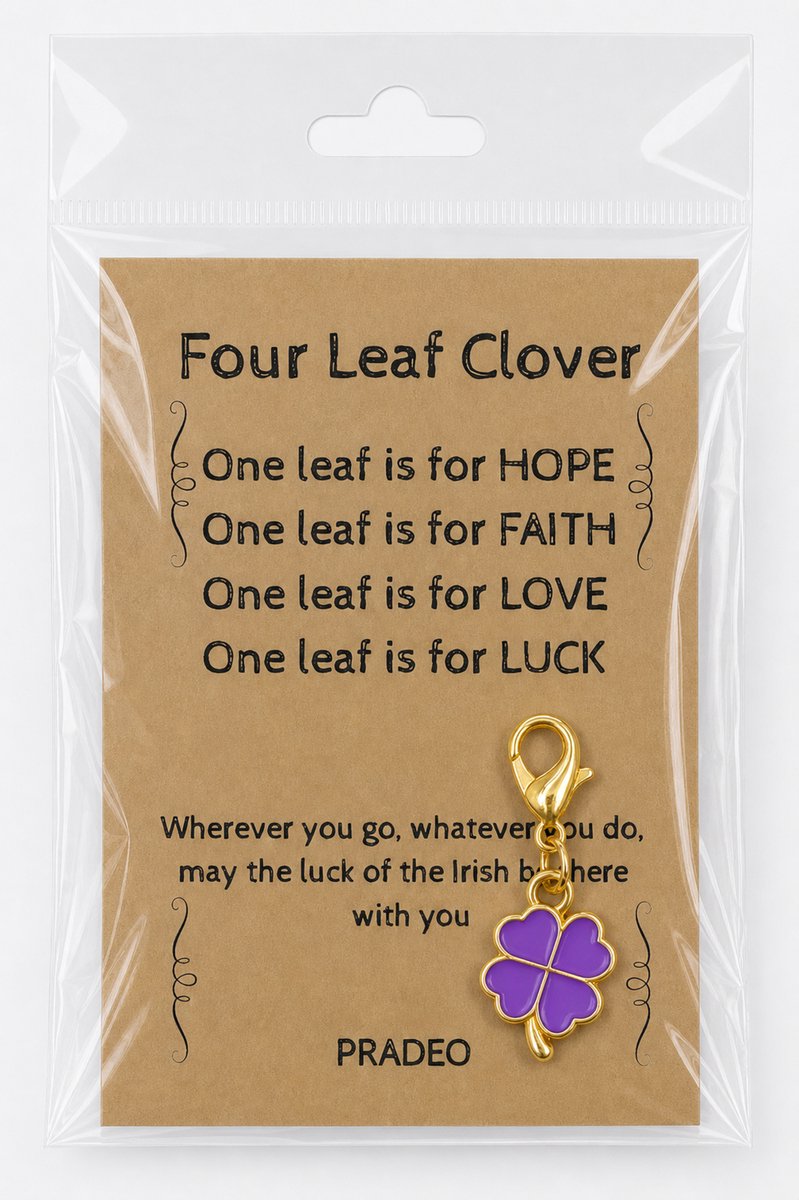 Pradeo - Klavertje Vier Sleutelhanger - Gelukshanger - Hangertje - Klavertje 4 - Four Leaf Clover - Key Chain - Pocket Hug - Klein Cadeau / Geschenk - Met Kaartje Met Tekst - Paars