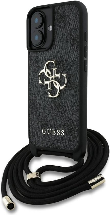 Guess 4G Big Logo Crossbody Hoesje iPhone 16 Plus Zwart Leer Bescherming Draagbaar