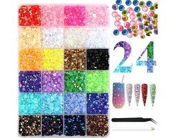 Nail Art Strass DIY, 24 kleuren platte achterkant nageledelstenen voor nagels, hars bedazzling kit met pick-up pincet en pick-up pen, AB Crystal Nail Art Strass voor ambachten, kleding | Cyslmuk®
