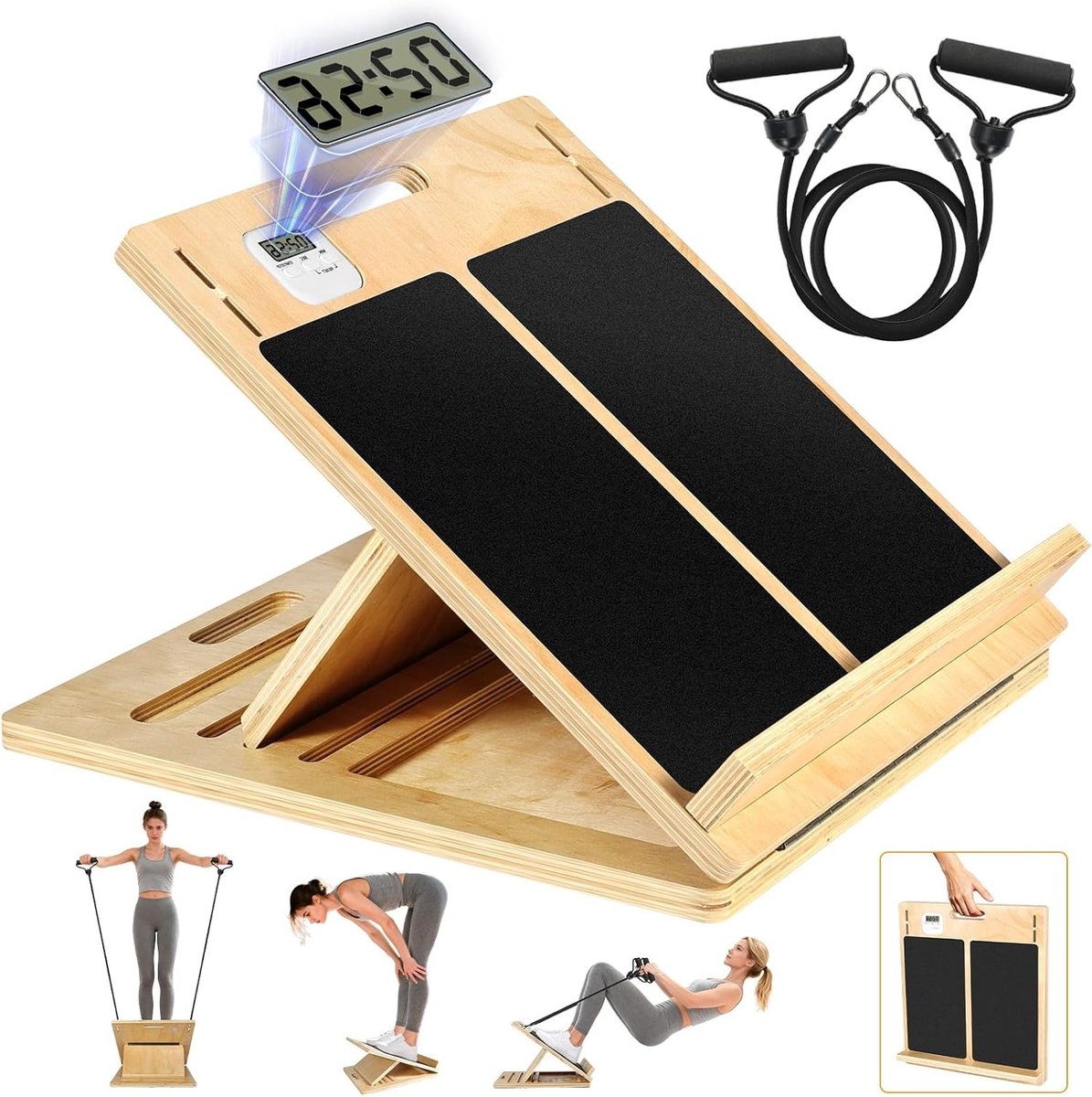 SnelShoppen - Upgrade Slant Calf Rack met Timer, 4 Verstelbare Hoeken, Houten Balance Board, Niet-Slip Kalf Stretch Board met Stretchbanden, Grote Maa