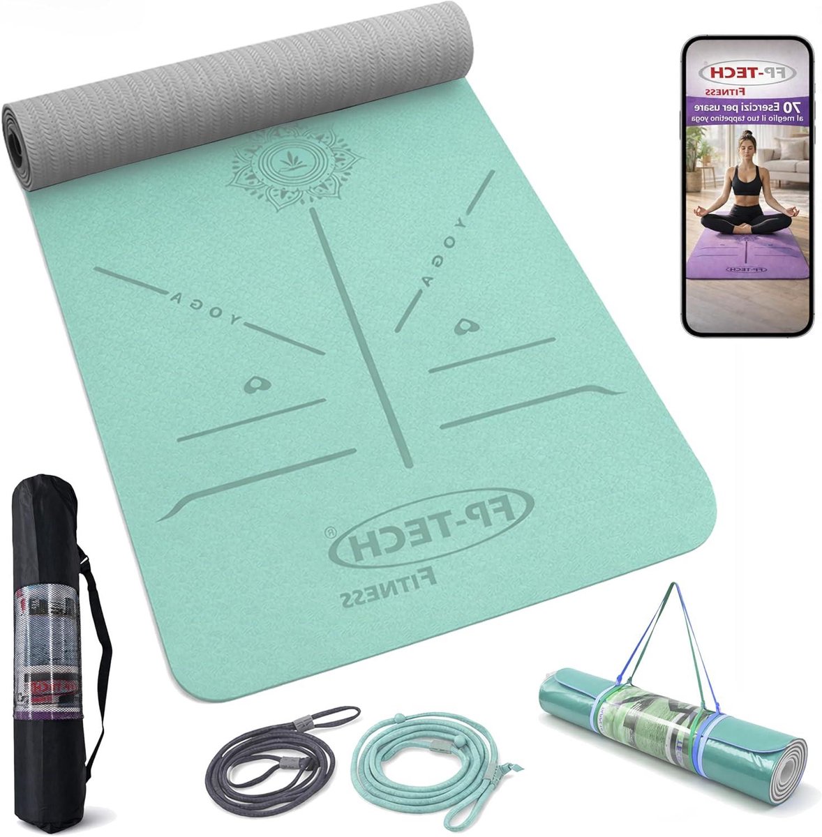 Yogamat - Fitnessmat Pilatesmat - Thuis Sporten - Antislip Dubbellaags - 183 x 68 cm - Blauw Groen Grijs