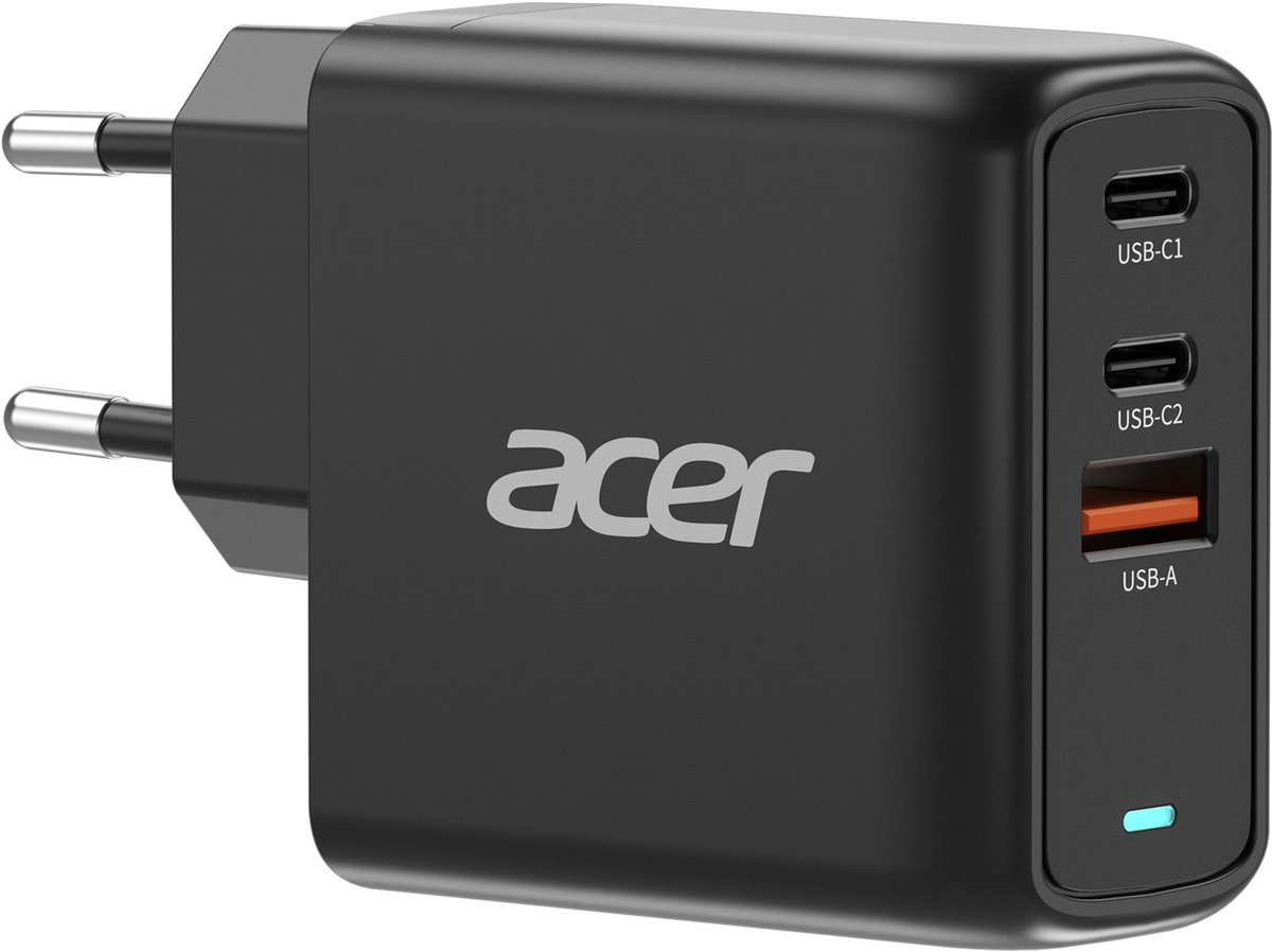 Acer 67W GaN Oplader – Snellader - Laptop Oplader - 2x USB-C – 1x USB-A – 2 meter kabel – Geschikt voor laptops, tablets en USB-C apparaten - Zwart
