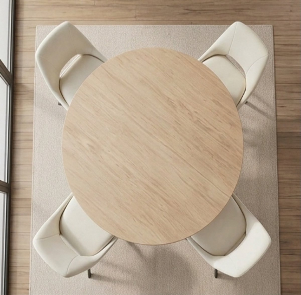Luxe Ronde Eettafel Set 115 cm met 4 Velvet Stoelen – Modern Scandinavisch Design – Oak Look Tafelblad met Zwarte Spider Poten – 4-6 Personen Dining Set – Kras- en Hittebestendig – Beige - Ganeey