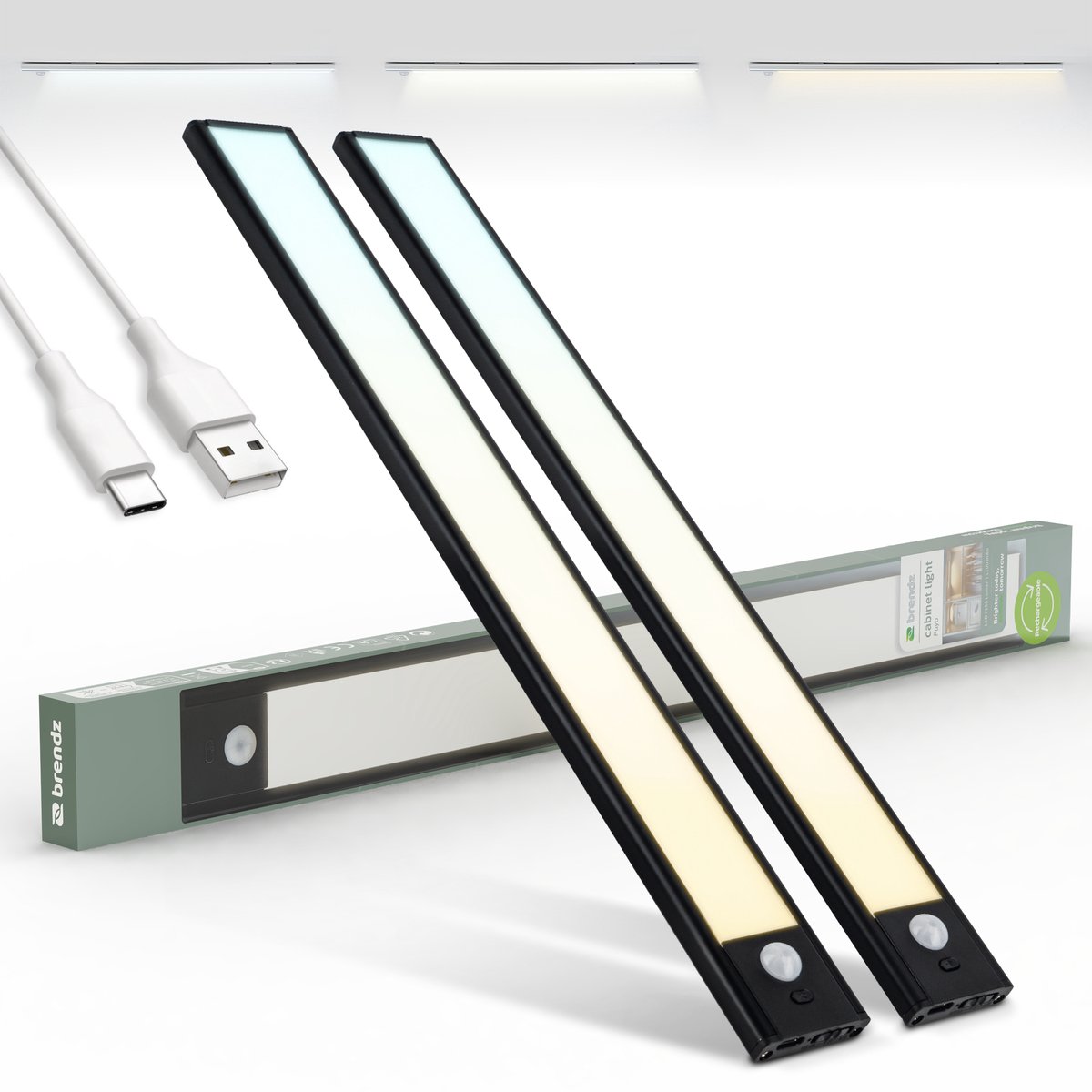 Brendz LED Kastverlichting met bewegingssensor, 2 x 40 cm, USB-C Oplaadbaar, Dimbaar, Magnetisch, 3 Kleurtemperaturen, Draadloos, Kastverlichting op Batterij, Zwart
