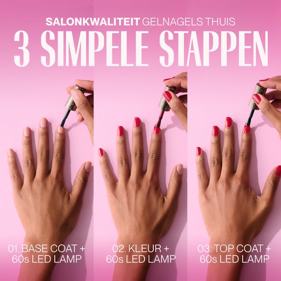 Drie stappen van gelnagellak aanbrengen: base coat, kleur en top coat, elk met 60s LED lamp.