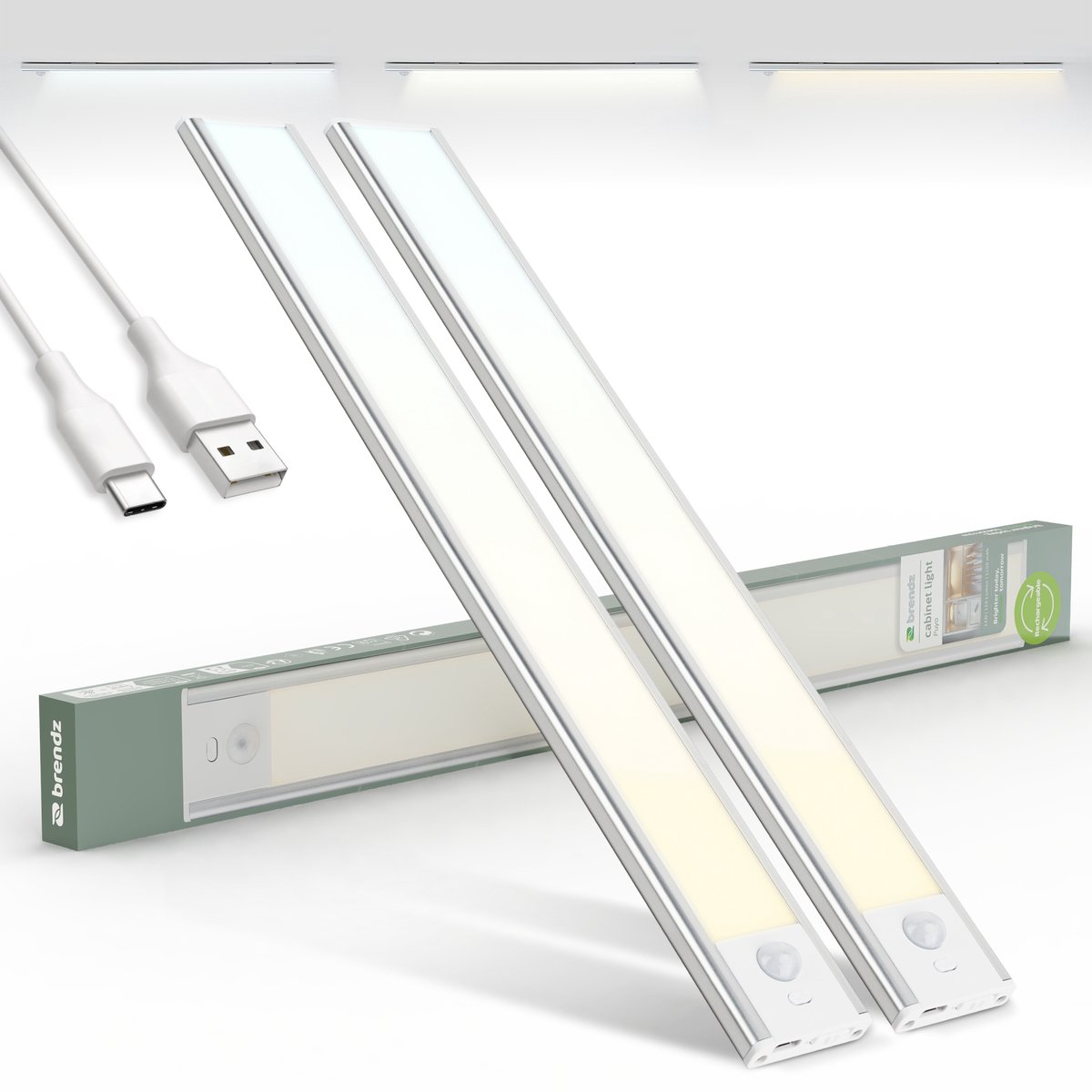Brendz LED Kastverlichting met bewegingssensor, 2 x 40 cm, USB-C Oplaadbaar, Dimbaar, Magnetisch, 3 Kleurtemperaturen, Draadloos, Kastverlichting op Batterij, Zilver
