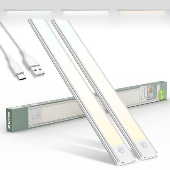 Brendz LED Kastverlichting met bewegingssensor, 2 x 40 cm, USB-C Oplaadbaar, Dimbaar, Magnetisch, 3 Kleurtemperaturen, Draadloos, Kastverlichting op Batterij, Zilver