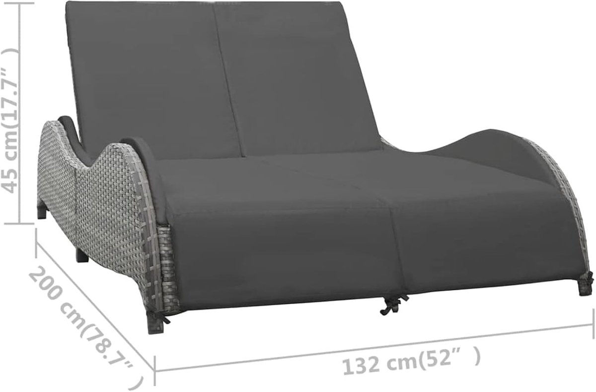 Luxe Dubbele Polyrattan Zonne-eiland Ligbed met Dikke Kussens en Verstelbare Rugleuning voor 2 Personen, Weerbestendig Tuin- en Terras Lounger in Antraciet