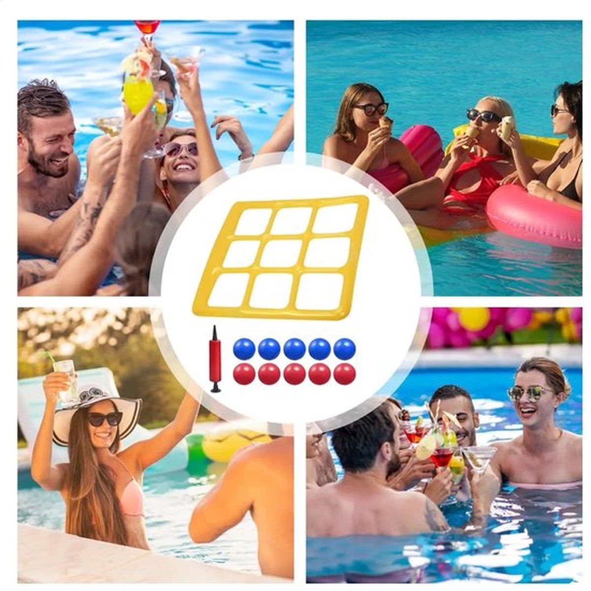 Boter-kaas-en-eieren-spel voor in het zwembad met handpomp en 10 ballen. Leuke zwembadspelset voor tieners, perfect voor zwemmen en waterspelletjes. Bordspelletjes, drijvend speelgoed voor in het zwembad, ideaal voor een feestje of buiten. – foto 6
