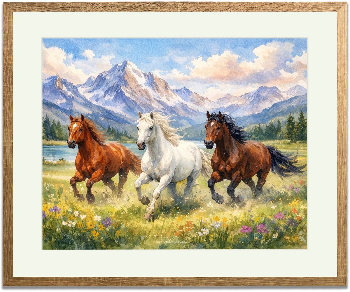 Paarden aquarel - Ingelijste Muurkunst - 63x53cm lichtbruin frame - Glasplaat en Passe-partout - Museum kwaliteit print