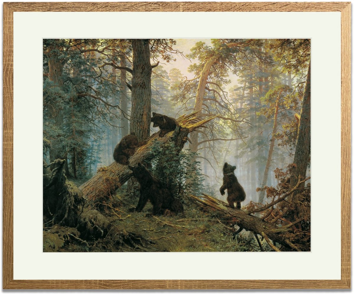 Ochtend in het dennenbos (Savitsky) - Ingelijste Muurkunst - 63x53cm lichtbruin frame - Glasplaat en Passe-partout - Museum kwaliteit print