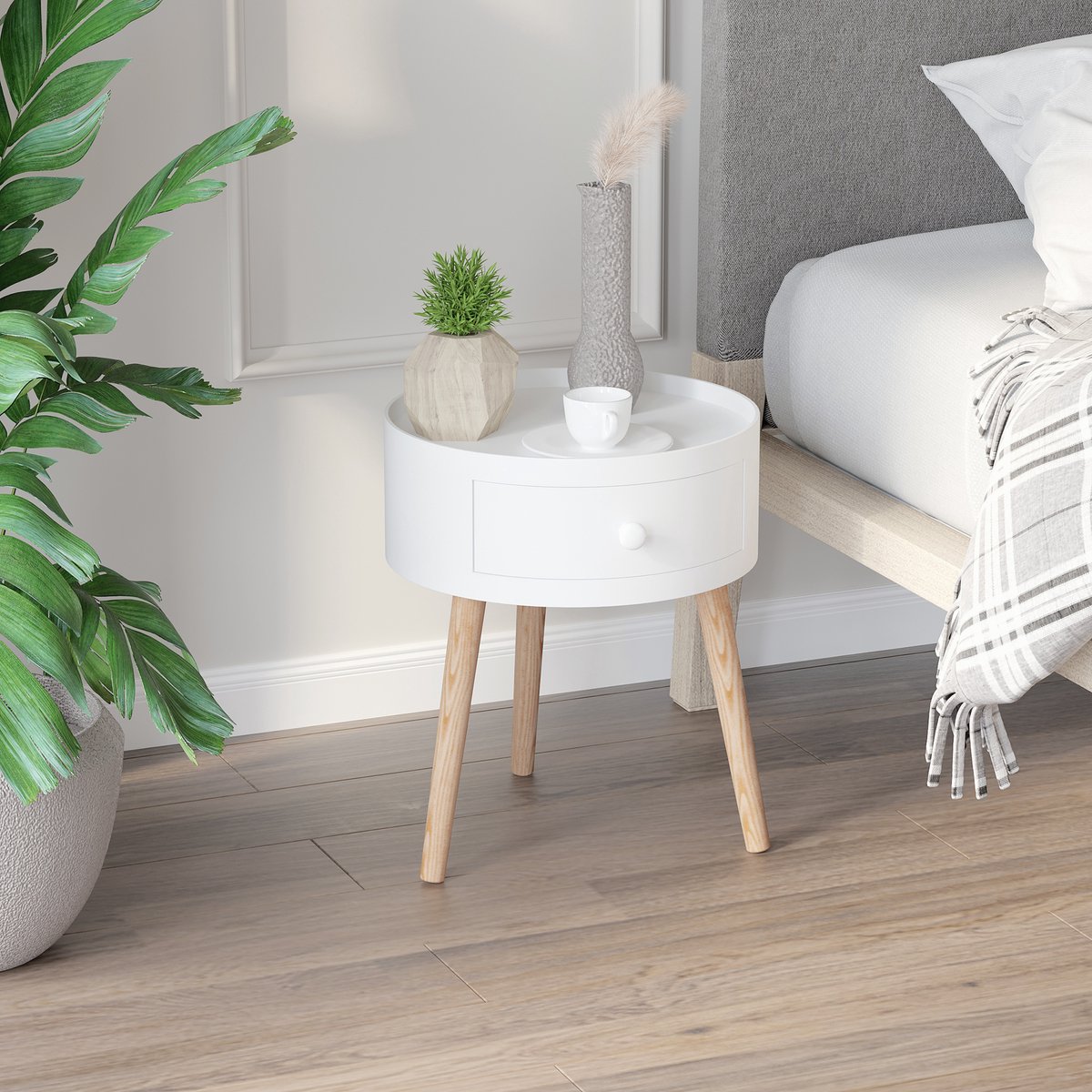 MODFU Ronde Bijzettafel Met Lade - Scandinavisch - Voor Woonkamer Of Slaapkamer - Hout - Wit