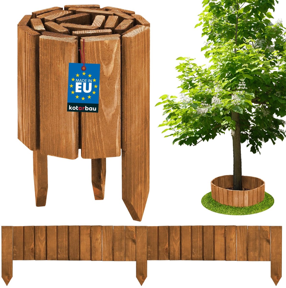 KOTARBAU® Bloembedrand, Rolborder, 110 x 15 cm, Eik, Tuinafscheiding, Houten Tuinhek, Borderrand, Palissade, Schapenhek, Tuindecoratie