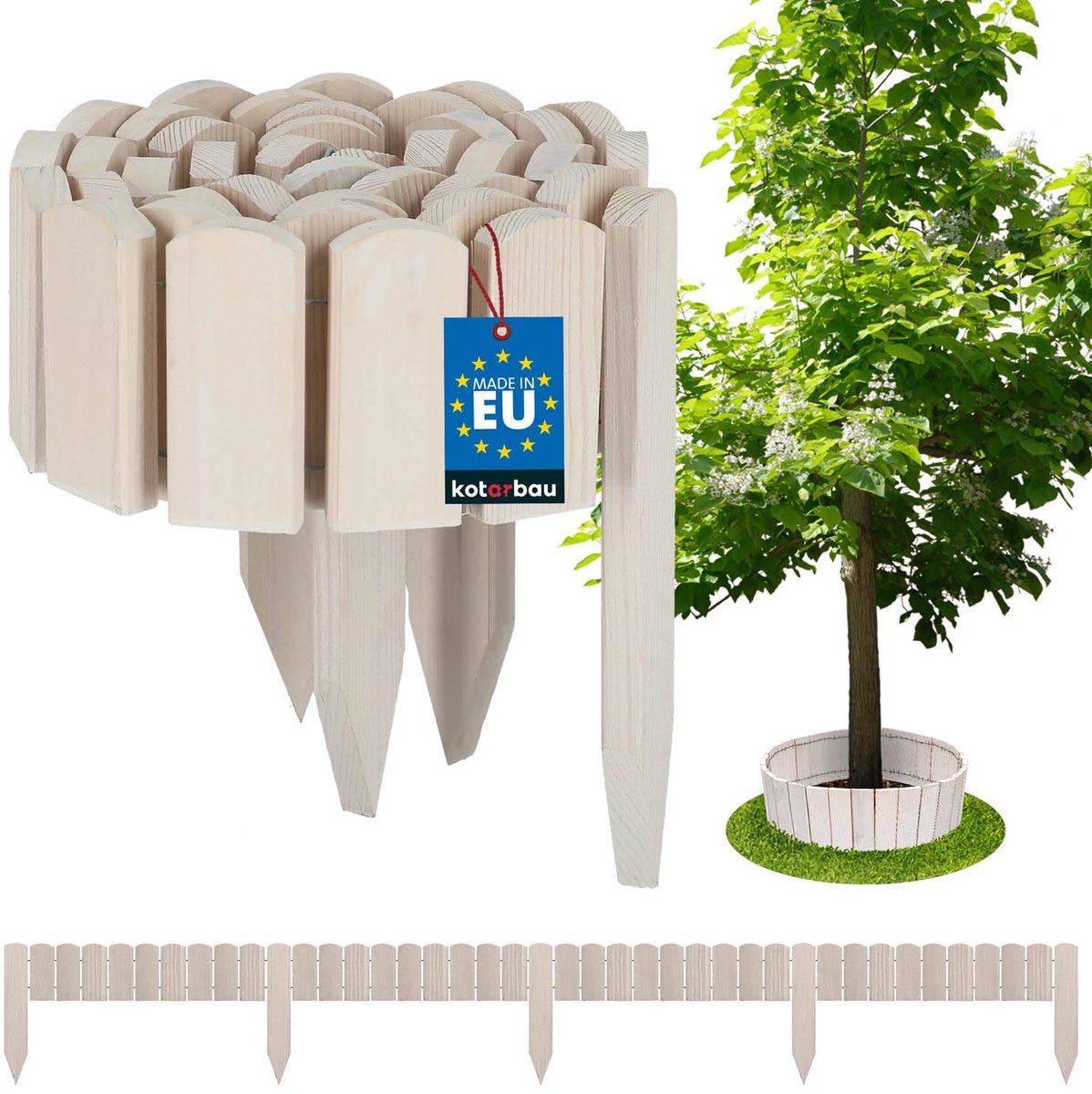 KOTARBAU® Bloembedrand, Rolborder, 200 x 10 cm, Wit, Tuinafscheiding, Houten Tuinhek, Borderrand, Palissade, Schapenhek, Tuindecoratie