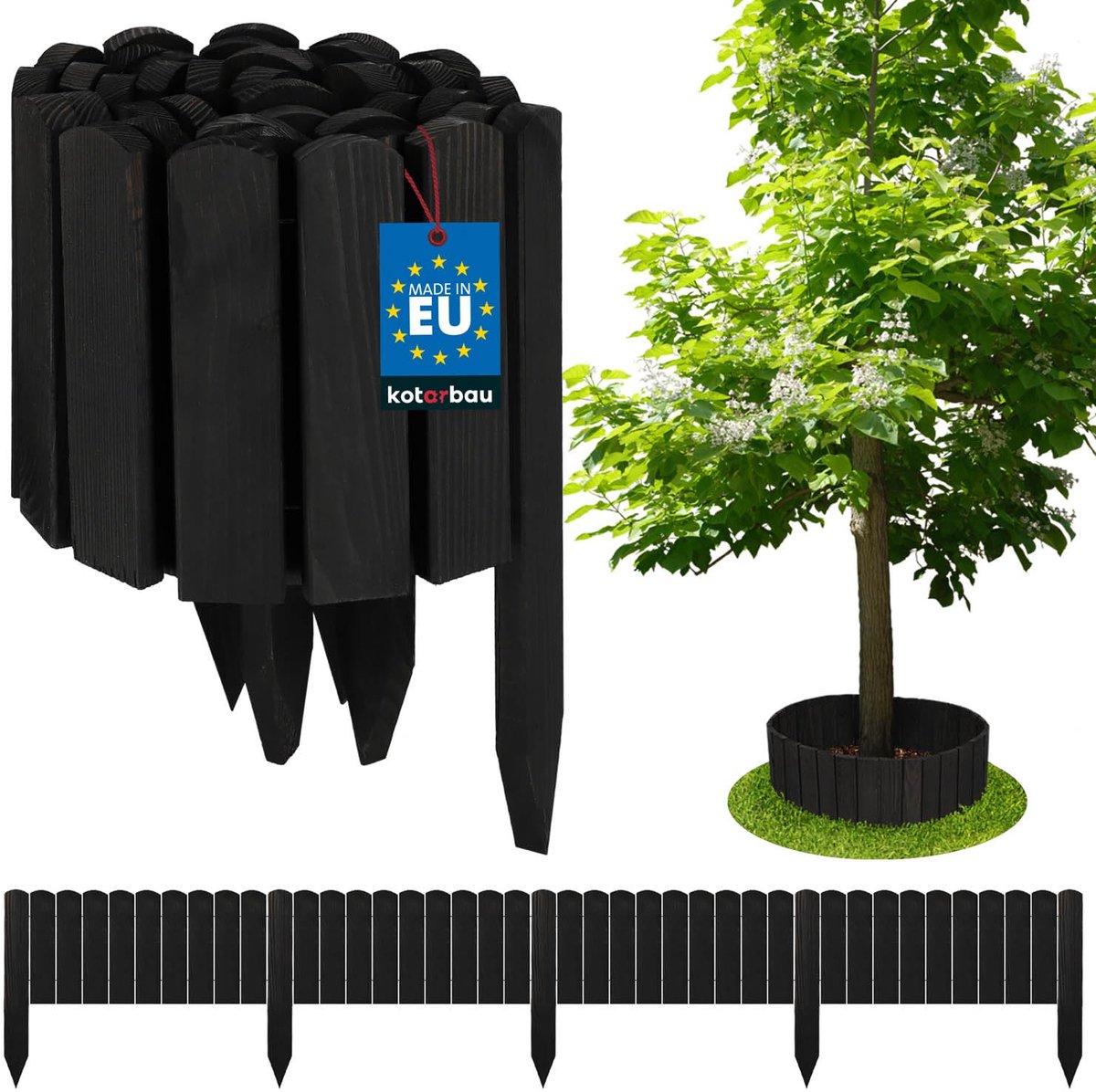 KOTARBAU® Bloembedrand, Rolborder, 200 x 20 cm, Antraciet, Tuinafscheiding, Houten Tuinhek, Borderrand, Palissade, Schapenhek, Tuindecoratie