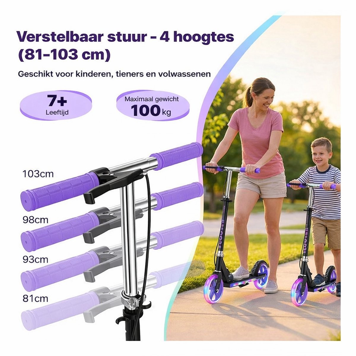 Step-Opvouwbare Step Verstelbaar stuur - Kinderstep 20 cm wielen met verlichting - Dubbel remsysteem - Draagvermogen 100 kg - Kinderen en Volwassenen-Paars thumbnail 4
