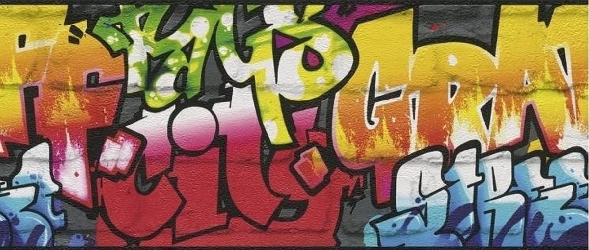 Rasch Kids Club 237900 Behangrand Graffiti Zwart Geel Roze Rood