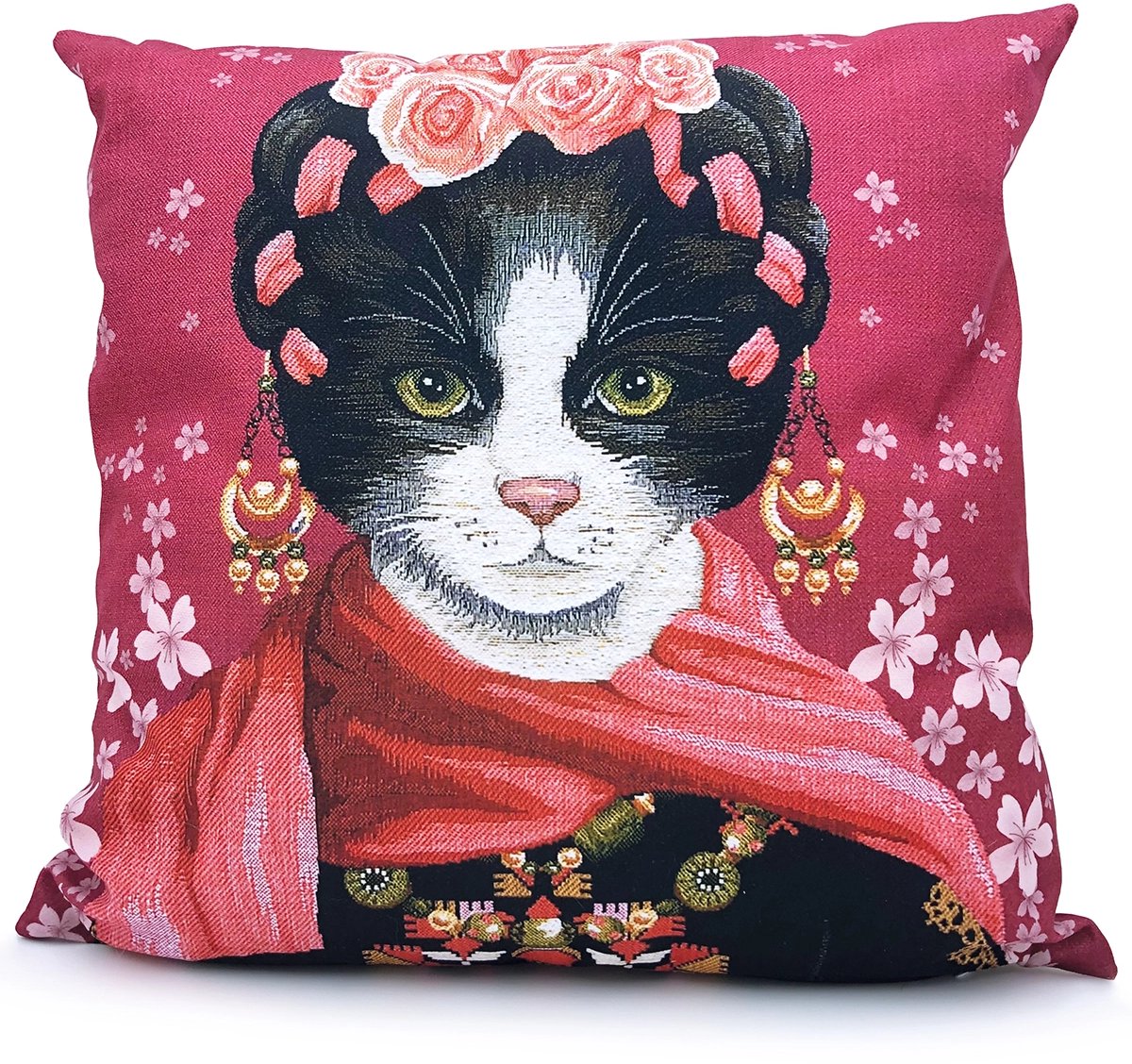 Sierkussen Kat - Kat Kussenhoes - Frida Kahlo - 45 x 45 cm - Rood