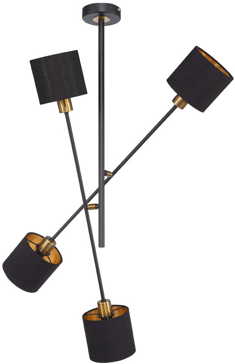 Hanglamp plafondlamp metaal stof 4 vlammen eetkamerlamp, spot zwart goudkleurig, 4x E14 fitting, HxLxB 81x77,5x77,5cm, WOFI 6603.04.10.9000