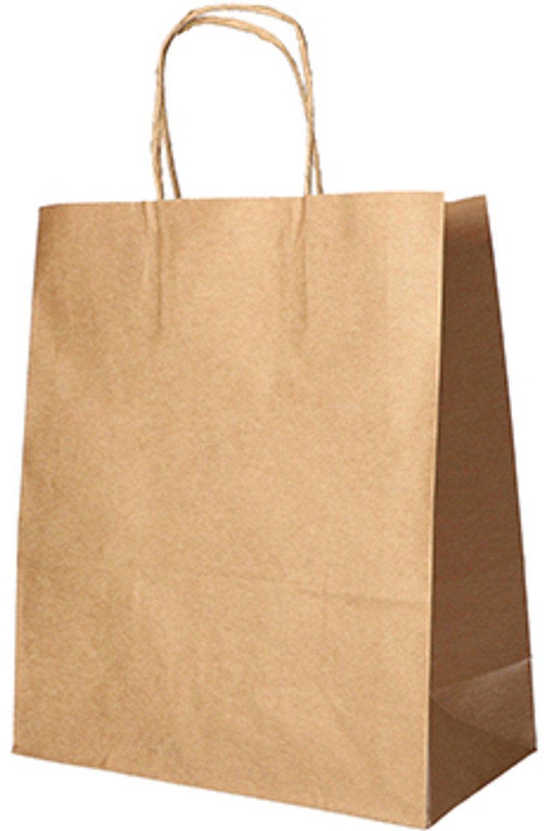 10x 25 Draagtassen papier 28 cm x 22 cm x 10 cm bruin met gedraaid handvat