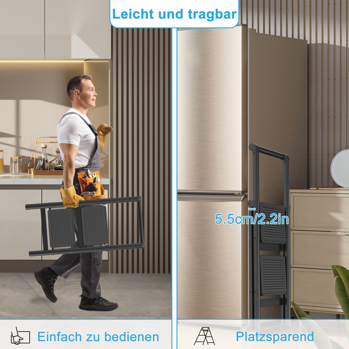 Huishoudtrap 2 treden - Opvouwbare trap van metaal - Antislip, stabiel en belastbaar tot 250 kg - Trap Ladder met Leuning - Trapladder voor huis, balkon , garage – foto 4