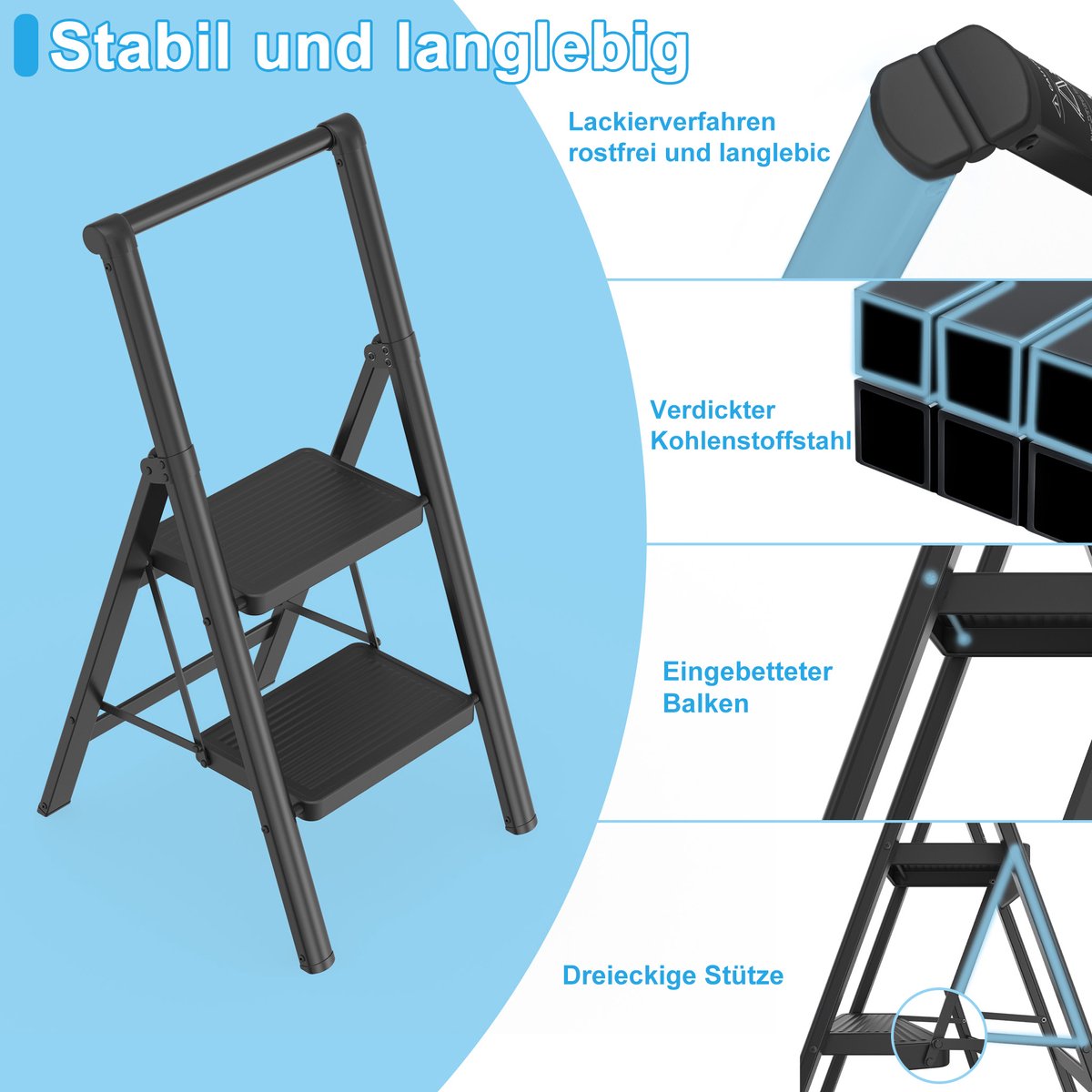 Huishoudtrap 2 treden - Opvouwbare trap van metaal - Antislip, stabiel en belastbaar tot 250 kg - Trap Ladder met Leuning - Trapladder voor huis, balkon , garage – foto 6