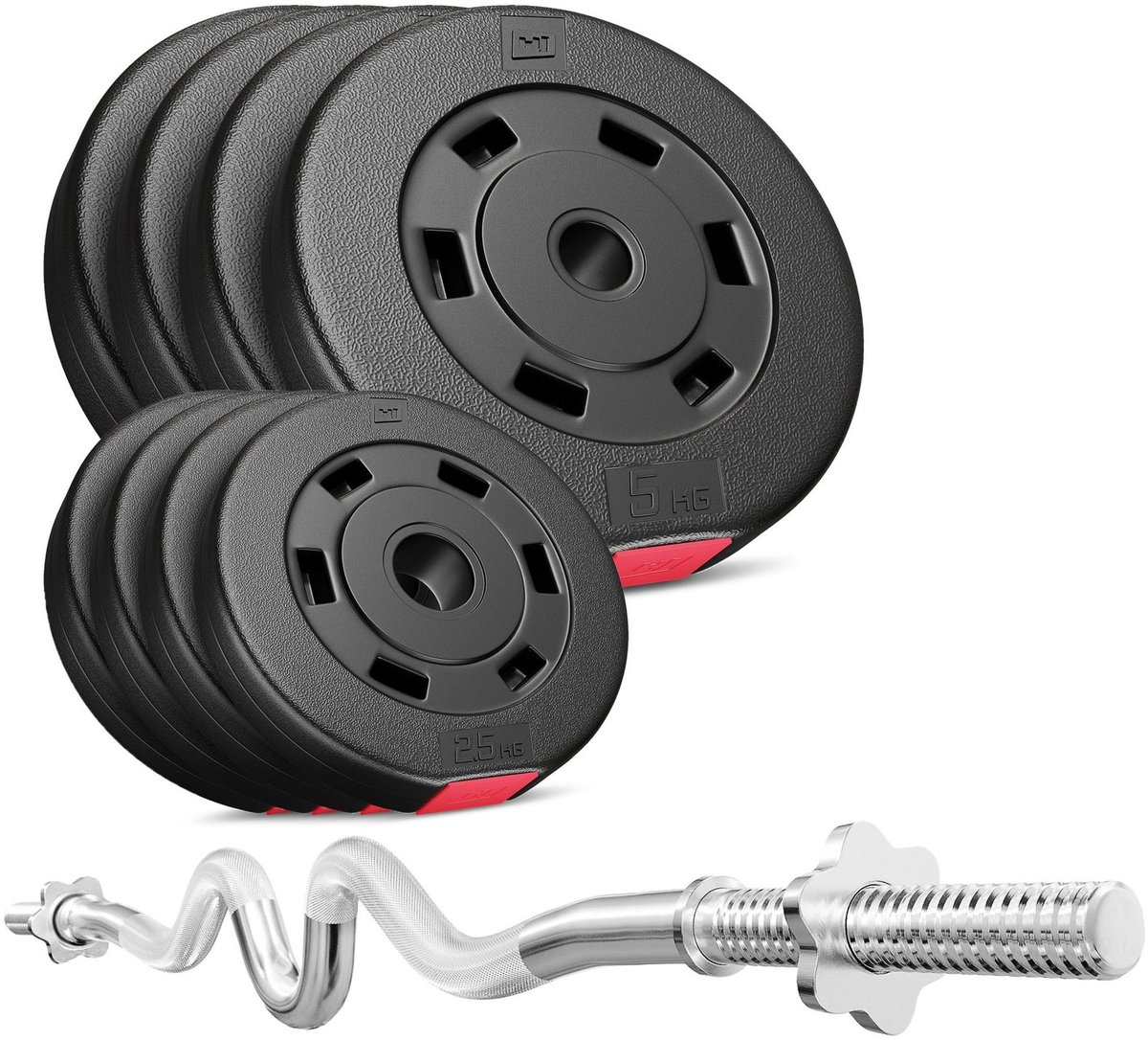 Hop-Sport Kunststof Halterset – Halterset 37 kg – SZ Curlstang 120 cm – Kunststof Gewichten met Sluitingen