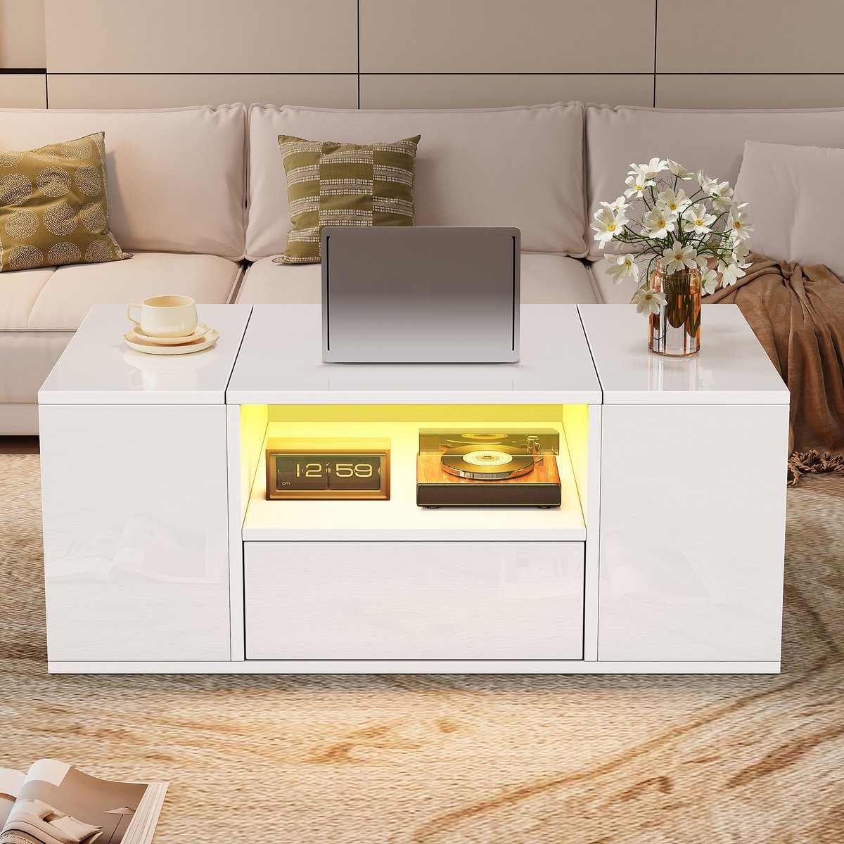 MODFU Salontafel - Met Lade En 6 Opbergvakken - Modern - Voor Woonkamer - Spaanplaat - Wit - 100 x 50 x 40 cm
