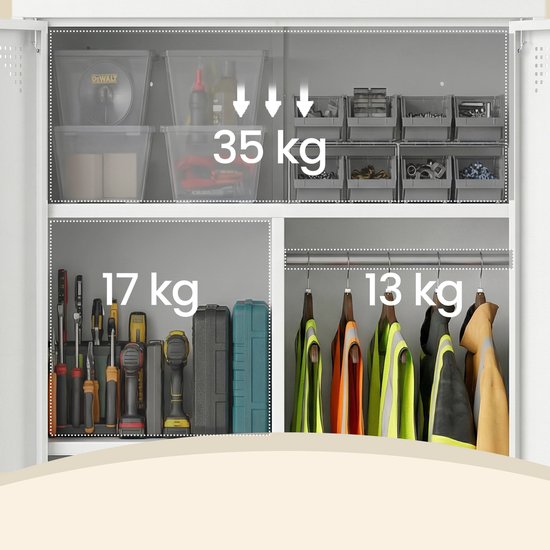 Binnenkant van een witte metalen kast met vakken voor 35 kg, 17 kg en 13 kg aan spullen.