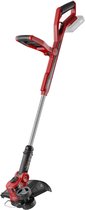Een rode en zwarte accugrastrimmer met een verstelbare handgreep en een zilveren steel.