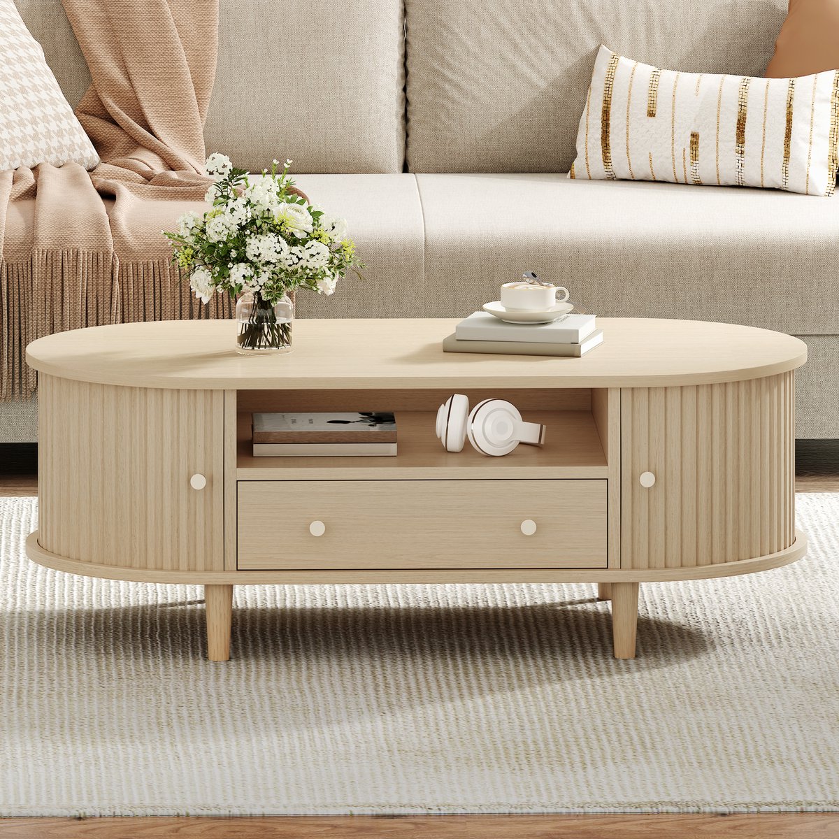 MODFU Ovale Salontafel - Lade En Open Opbergruimte Met Roldeur - Retro - Woonkamer - MDF En Fineer - Eikenkleur - 100 X 50 X 36 Cm