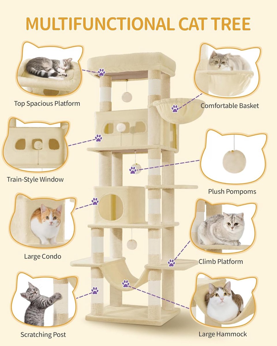 Krabpaal Groot - Kattentoren - Katten Klimmen - Bestand tegen kantelen - 170 cm Hoog - Beige thumbnail 3