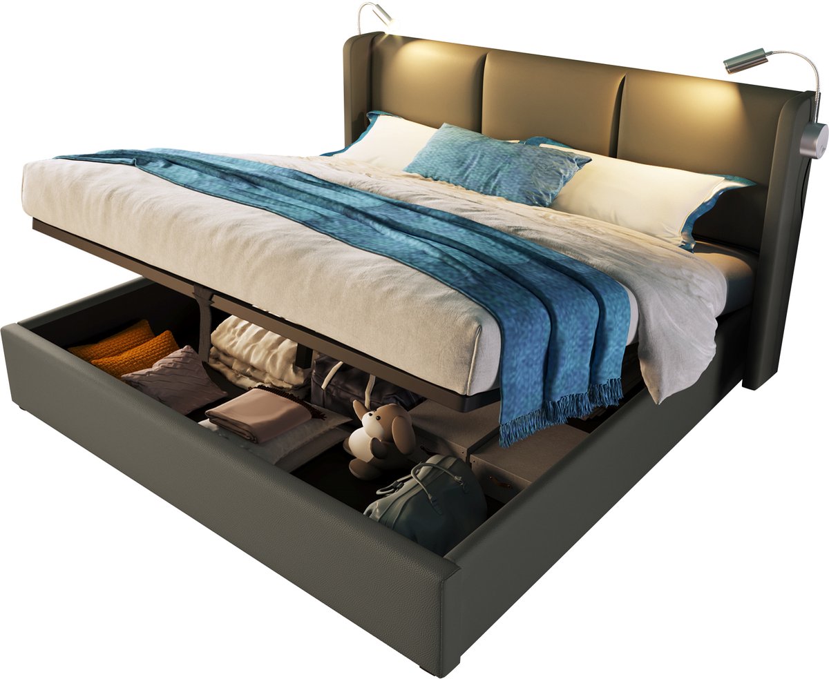 Opbergbed 160x200 met leeslamp, USB-laadfunctie en lattenbodem - gestoffeerd bed grijs