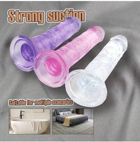 Paarse, roze en witte dildo's met zuignap, met de tekst 'Strong suction' en 'Suitable for multiple scenarios'.