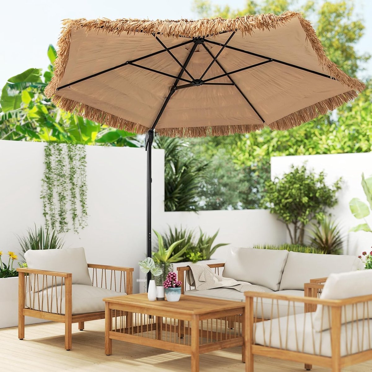Tropische Hawaii Zweefparasol 270 cm – PP Rieten Patio Umbrella voor Tuin en Terra