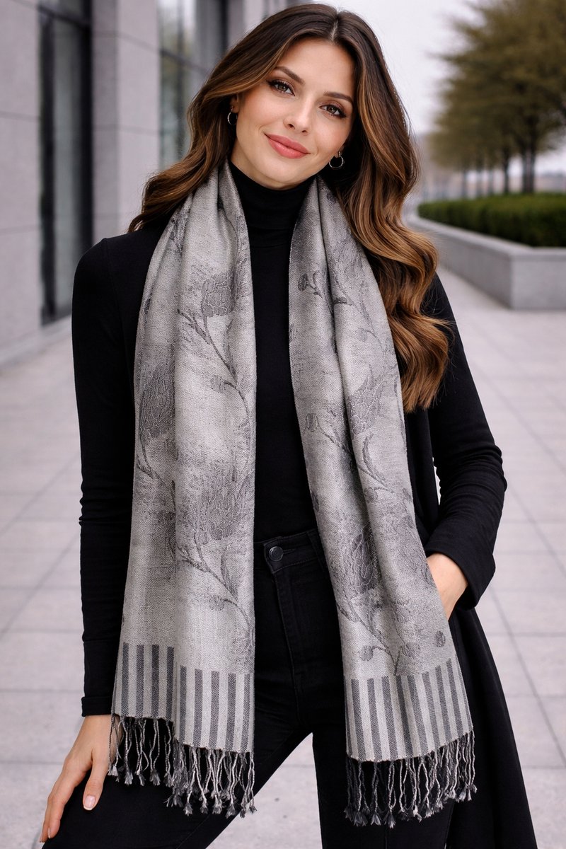 Pashmina Sjaal Dames – Luxe Zachte Sjaal met geweven Tulpprint – Warme Omslagdoek – Wintersjaal – Modesjaal – Meerdere Kleuren 215/6- Grijs