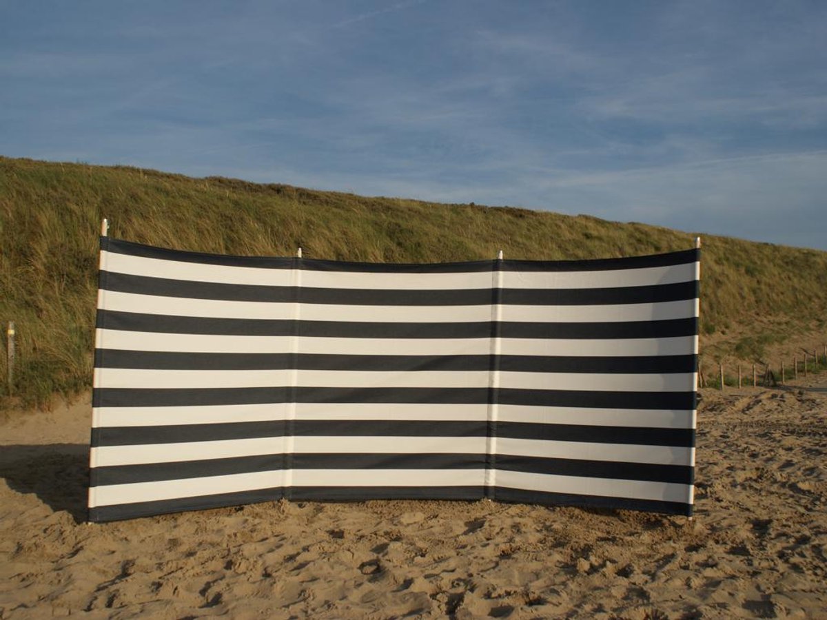 Strand Windscherm 4 meter dralon marine blauw/wit met houten stokken