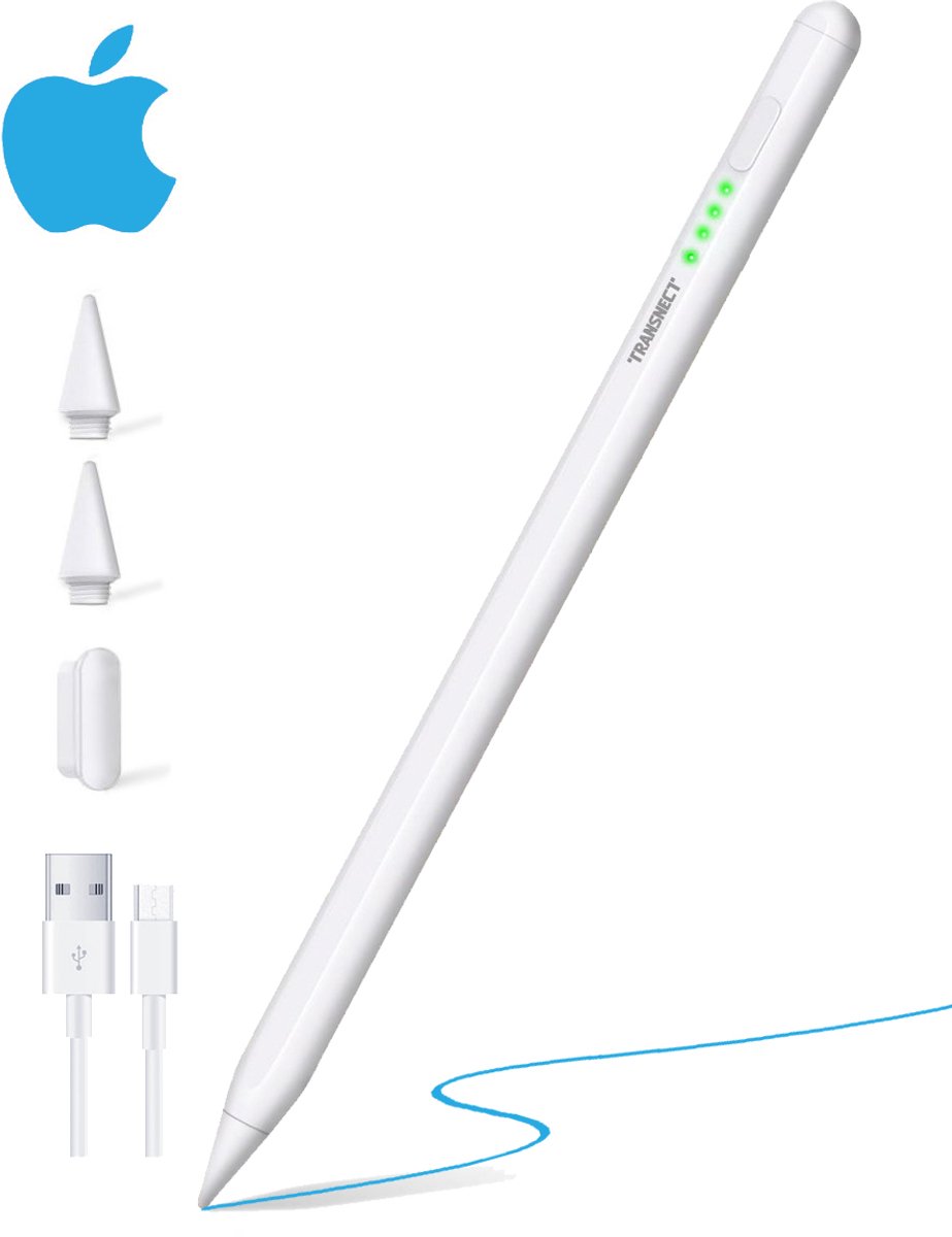 TRANSNECT Stylus pen - voor iPads 2018-2025 - Alternatief voor Apple Pencil - iPad Pen met Palm Rejection - met 2 Extra Punten - Wit