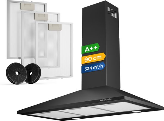 Zwarte 90cm afzuigkap met set koolstoffilters en extra filters. Energieklasse A++.