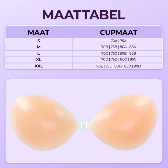 Maattabel met maten S t/m XXL en bijbehorende cupmaten voor de plak-bh.