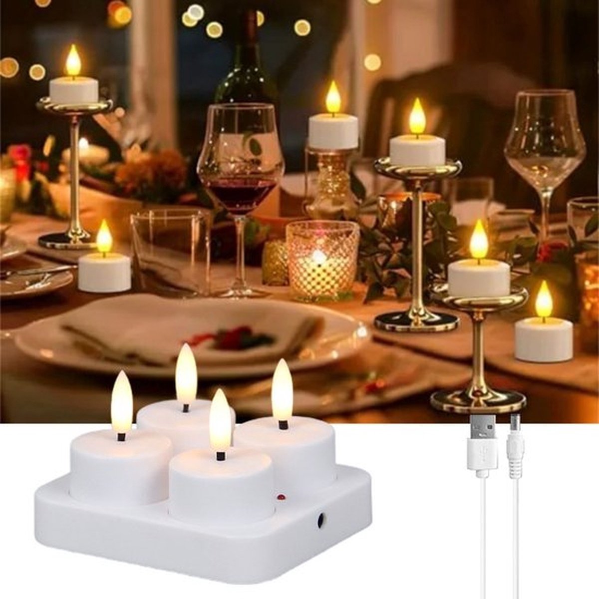 4 oplaadbare theelichtjes met laadstation - elektrische oplaadbare kaarsen USB - led-theelichtjes - oplaadbaar - outdoor - voor buiten - tuin - tafel - kamer - Halloween Kerstmis(Geen afstandsbediening)