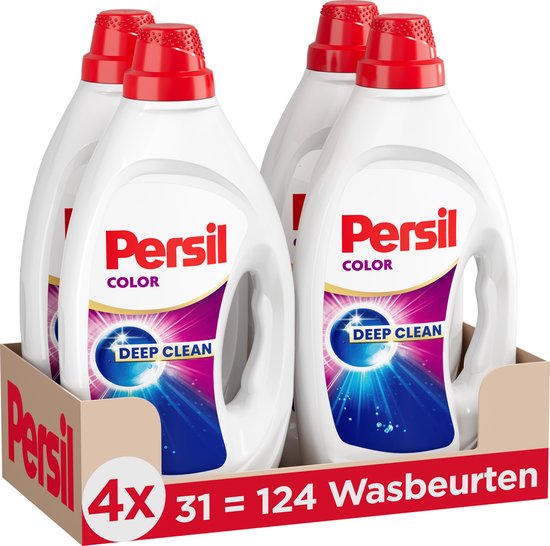 Vier flessen Persil Color Deep Clean in een kartonnen verpakking. "4x 31 = 124 Wasbeurten."