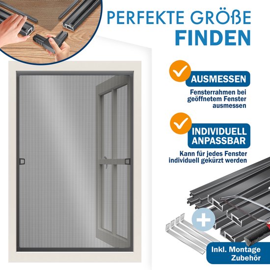 Vliegengaas op maat te maken voor een raam. Montageaccessoires worden getoond.