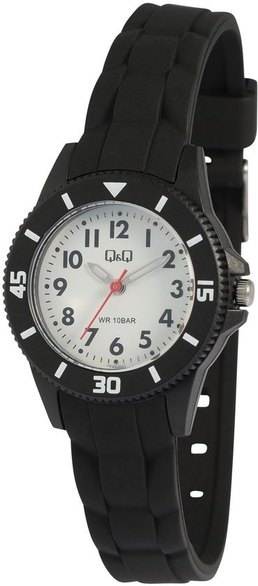 Zwart horloge met witte wijzerplaat, zwarte cijfers en rode secondewijzer. Zwarte band.