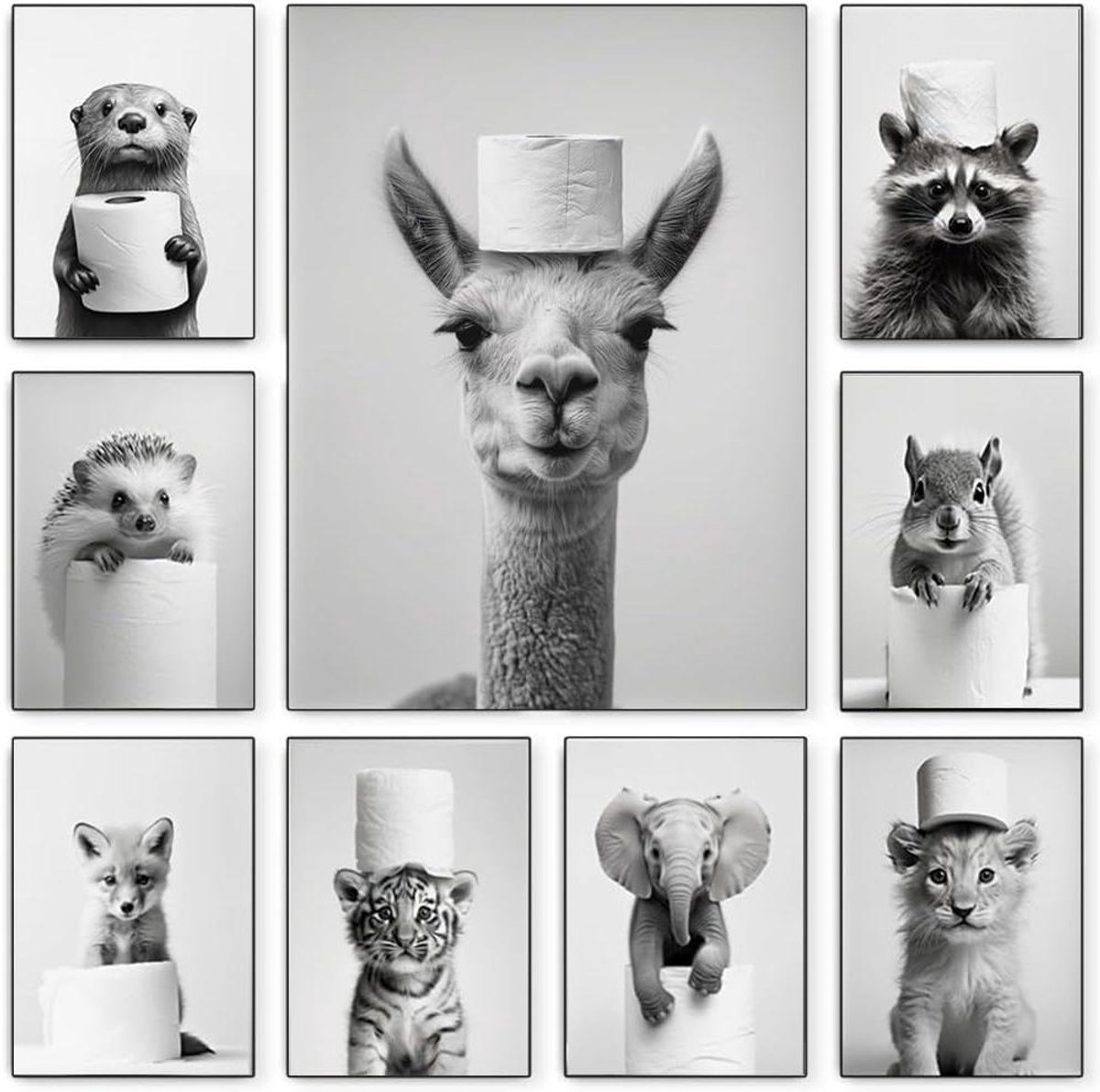 Poster Dieren Zwart-Wit - Wanddecoratie Badkamer - Toilet Decoratie - Hoge Definitie Print