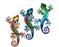 WiseGoods Gekko Wanddecoratie 3 Stuks - Kleurrijke Hagedis Tuindecoratie voor Muur, Schutting en Balkon - Binnen en Buiten