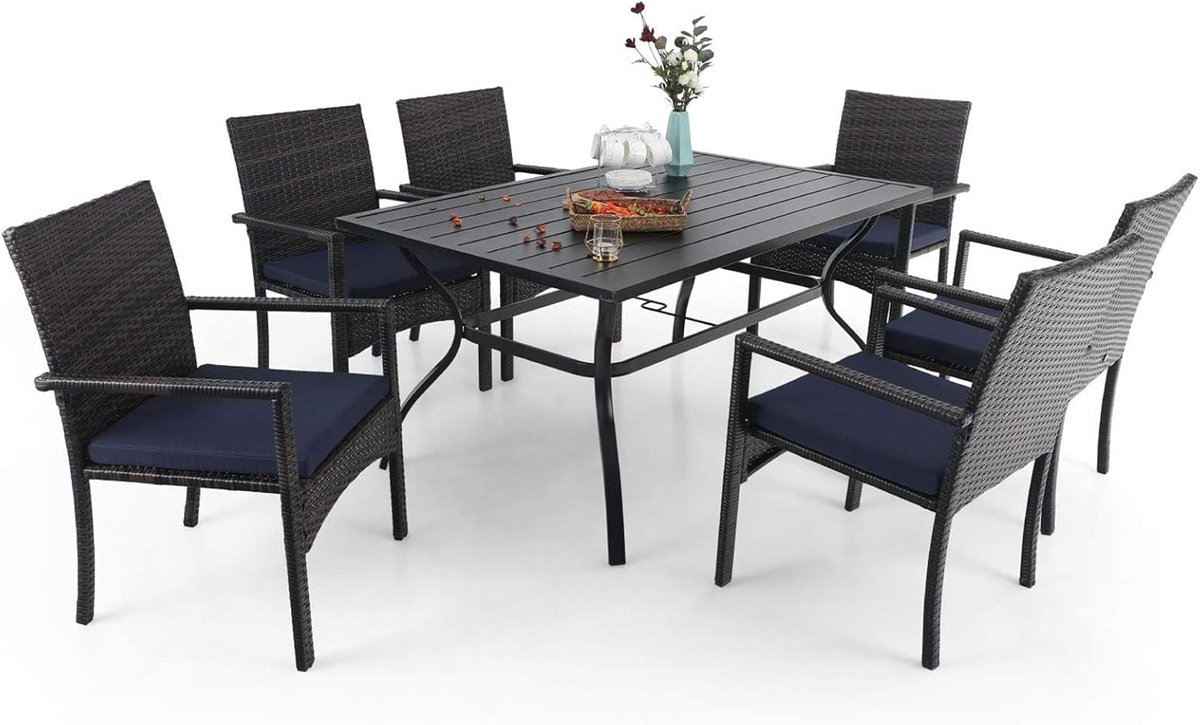 Tuinset 6 Personen 152x96x71 cm – Polyrotan Tuintafel met 6 Stoelen & Verstelbaar Parasolgat – Weerbestendige Dining Set voor Tuin & Terras – Urbanhome