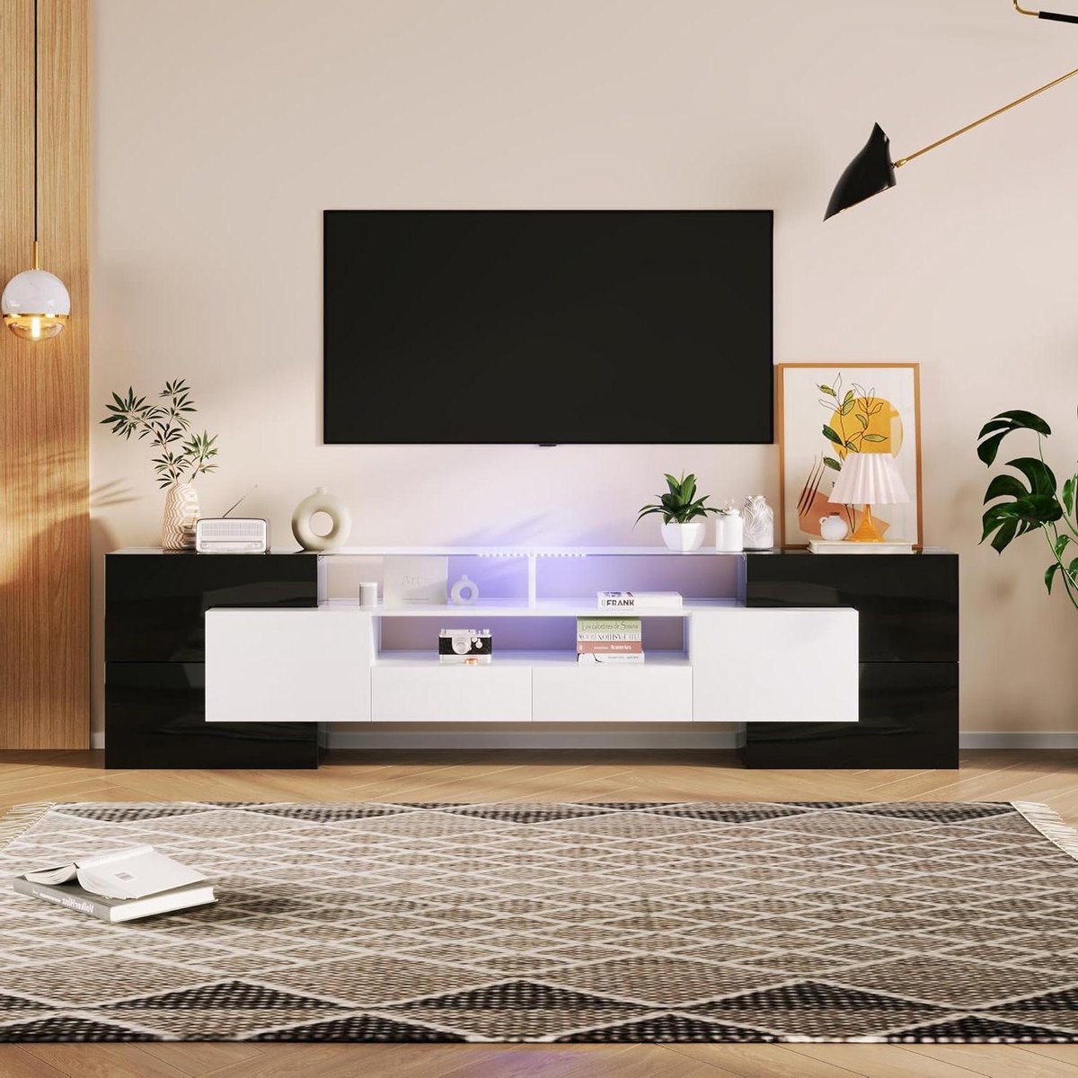 TV Meubel Lowboard TV Schrank Glas Voor Woonkamer Met LED Verlichting Modern Design Glazen Front 200 x 35 x 60 cm Hochglanz Wit Zwart