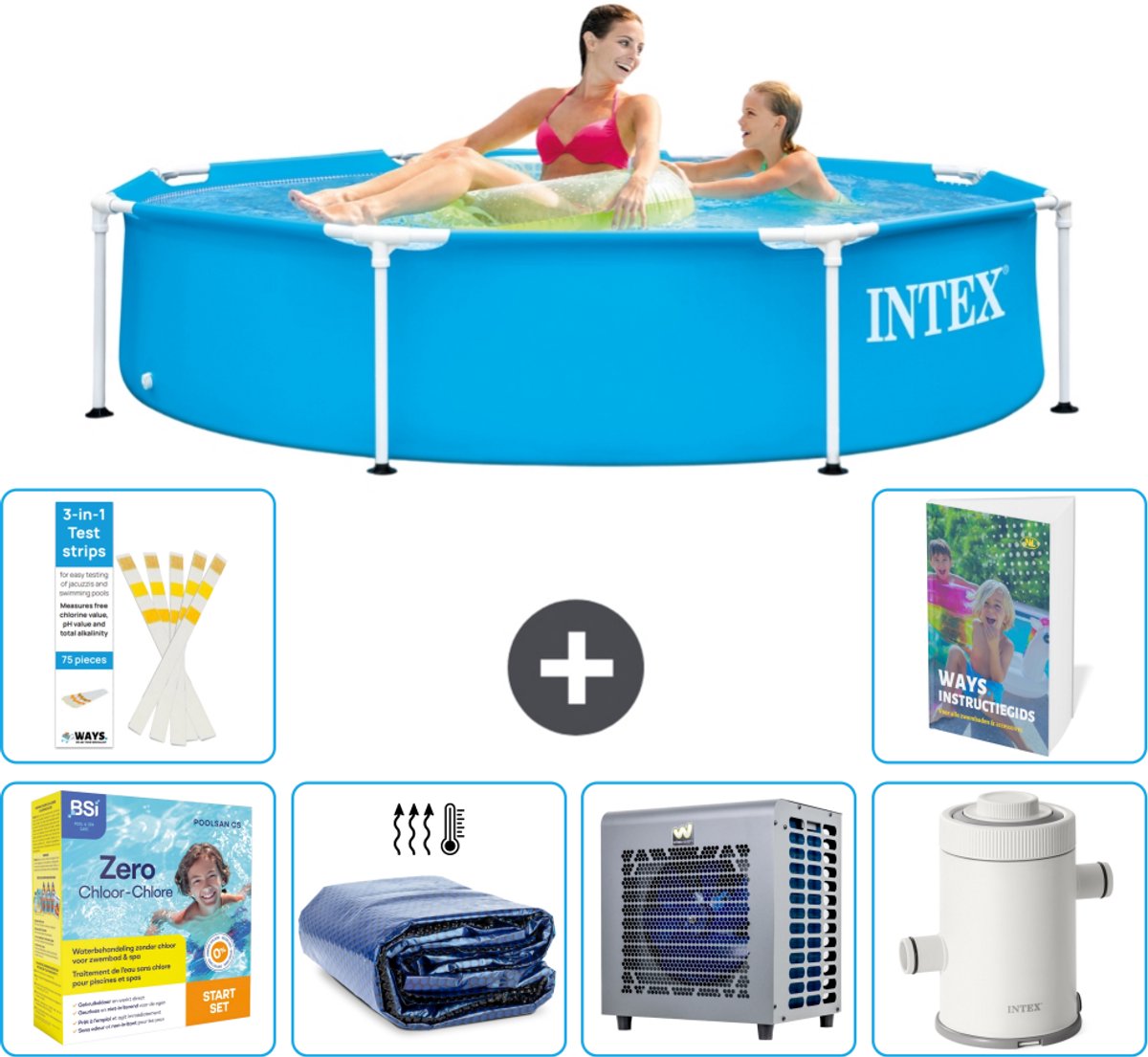 Intex Rond Frame Zwembad - 244 x 51 cm - Blauw - Inclusief Onderhoudspakket - Solarzeil - Warmtepomp - Zwembadfilterpomp - 7-delig
